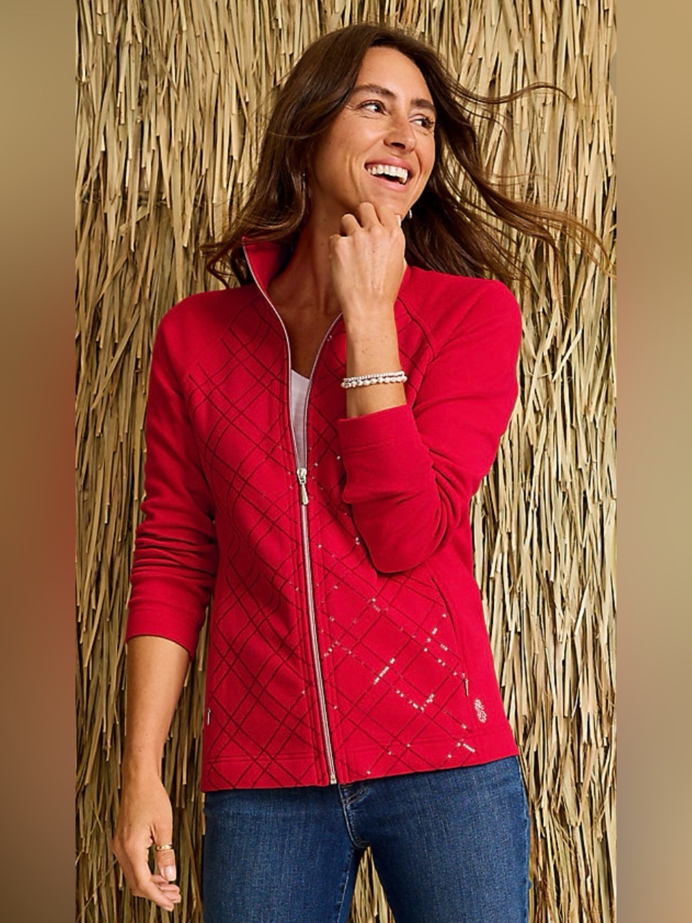 NWT TOMMY BAHAMA – Aruba Full‑Zip Sweater Jacket Diamond Sequin Tango Red Large